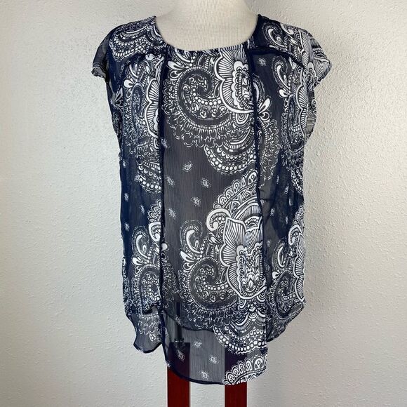 A.N.A. Navy Blue Sheer Paisley Top Size L EUC - Picture 1 of 5